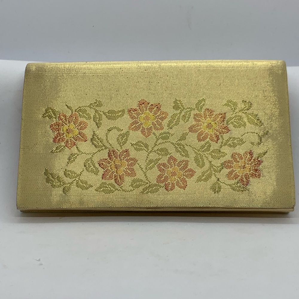 Vintage Gold Lamé Floral Pattern Handbag & Mirror